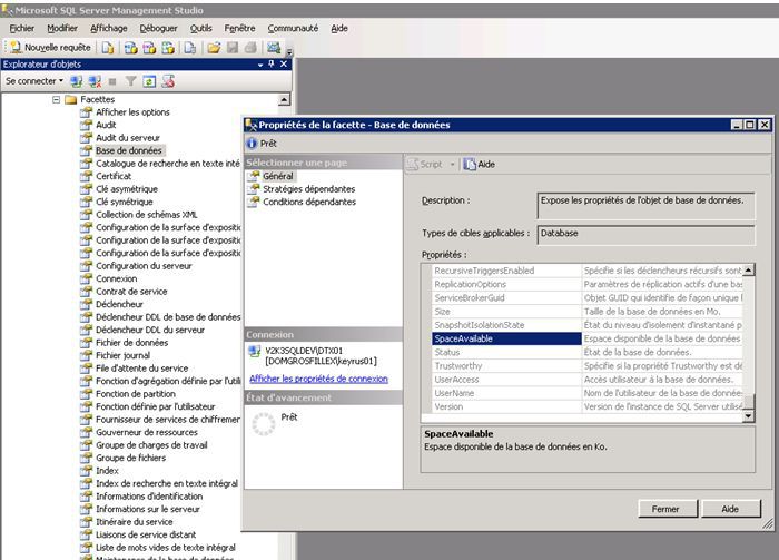 Les facettes et propriétés de facettes dans SSMS
