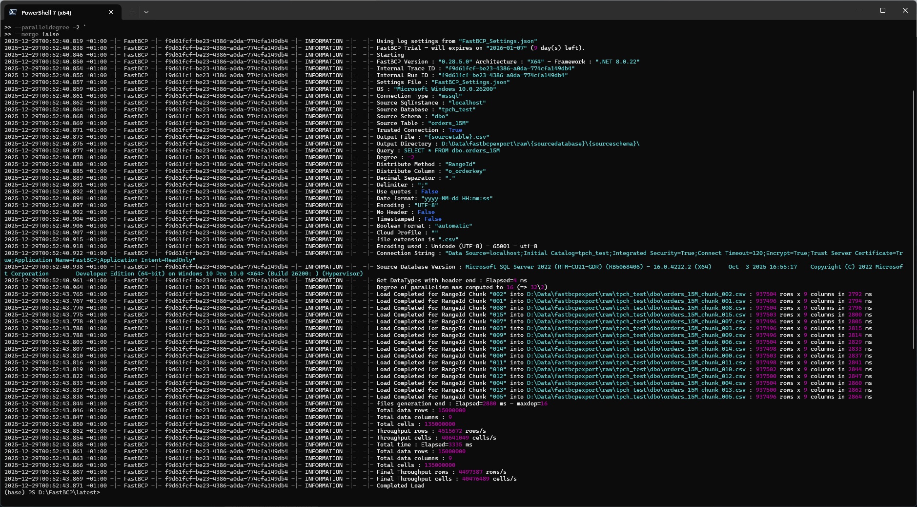 FastBCP MSSQL to CSV Local Results