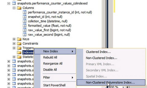 Création d'un nouvel index columnstore via SSMS Création d'un nouvel index columnstore via SSMS